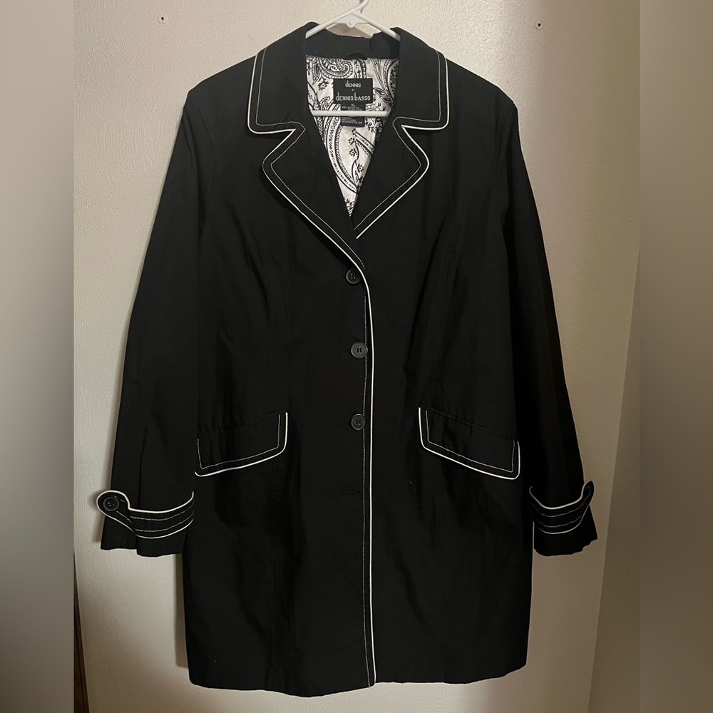 DENNIS BASSO Paisley Lined Lightweight Trench Coat Black White Pockets Wms Sz XL